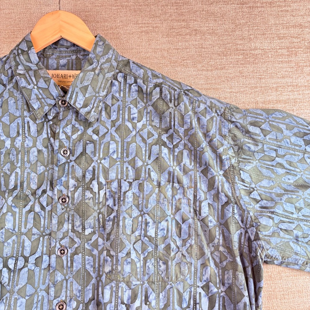 VTG Johari West 3XL Blue Green Batik Geometric Cotton Short Sleeve Camp Shirt